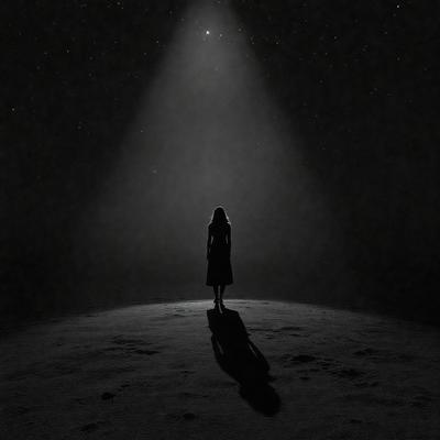 The primary subject of the image is a woman standing in a dark, open area. She is the main focus of the scene. The setting is a black background, which contrasts with the woman's silhouette. The visual style is a black and white photo, giving the image a classic and timeless feel. The woman's presence and the contrasting darkness create a sense of mystery and intrigue.